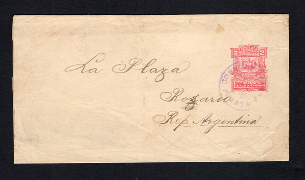 DOMINICAN REPUBLIC - 1890 - POSTAL STATIONERY: Circa 1890. 2c pink on cream postal stationery wrapper (H&G E3) used with PUERTO PLATA cds dated FEB 15 189_ with last digit unclear. Addressed to ARGENTINA.  (DOM43644)