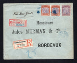 DOMINICAN REPUBLIC - 1902 - REGISTRATION: Registered cover franked with 1901 pair 5c lilac & orange brown and 20c lilac & maroon 'Arms' issue (SG 112 & 114) tied by SANTO DOMINGO cds's in blue dated 11 FEB 1902 with printed red & black on white 'Santo Domingo' registration label alongside. Addressed to FRANCE with 'NY EXCHANGE' registration label added in transit on front and transit & arrival marks on reverse.  (DOM43645)