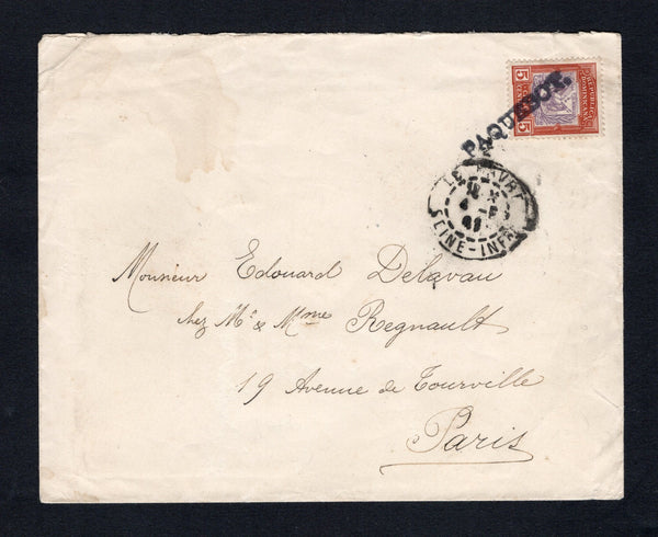 DOMINICAN REPUBLIC - 1907 - MARITIME: Cover franked with single 1901 5c lilac & orange brown 'Arms' issue (SG 112) tied by fine strike of straight line serifed 'PAQUEBOT' marking in black. Addressed to FRANCE with SAN JUAN P.R. TRANSIT cds dated ABR 13 1907 on reverse and French arrival cds on front.  (DOM43874)