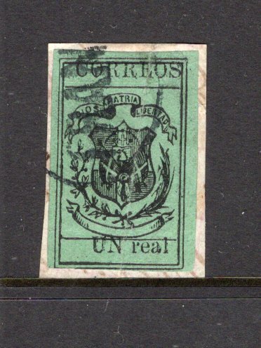 DOMINICAN REPUBLIC - 1866 - CLASSIC ISSUES: 'UN real' black on green wove paper, a superb used copy tied on small piece by oval FRANCA cancel in black, four large margins, tight to touching at lower left. A fine example. (SG 20)  (DOM/5528)