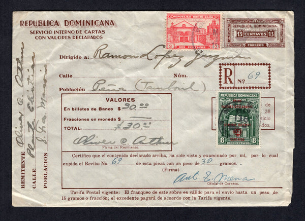 DOMINICAN REPUBLIC - 1935 - POSTAL STATIONERY: 13c brown postal stationery registered envelope (H&G C1) used with added 1931 2c scarlet tied in transit by SANTIAGO VALORES DECLARADO cds and 1935 30c on 8c deep green 'Valores Declarados' overprint issue tied by S.P.DE MACORIS cds (SG 295 & R343). Addressed to PENA with arrival on reverse. Very scarce envelopes in genuine used condition.  (DOM/8683)