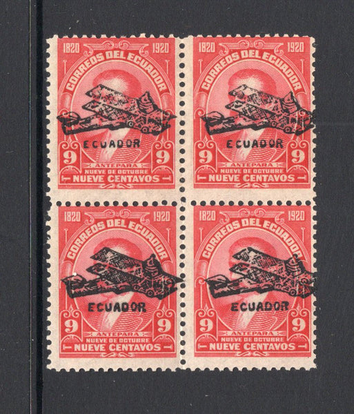 ECUADOR - 1923 - AIRMAILS: 9c carmine 'Quito - Ibarra' SEMI OFFICIAL airmail issue with 'ECUADOR' AIRPLANE overprint in black. A fine mint block of four. (Sanabria #S34, Bertossa #XXVII.I)  (ECU/17695)