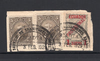 ECUADOR - 1929 - AIRMAIL: Small piece with 2 x 1925 5c grey brown 'National' issue and 1928 1s on 20c grey SCADTA 'PROVISIONAL' overprint issue all tied by large 'SCADTA' cds dated 3 FEB 1929. (SG 415a & 3)  (ECU/23301)