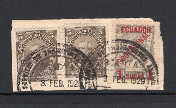 ECUADOR - 1929 - AIRMAIL: Small piece with 2 x 1925 5c grey brown 'National' issue and 1928 1s on 20c grey SCADTA 'PROVISIONAL' overprint issue all tied by large 'SCADTA' cds dated 3 FEB 1929. (SG 415a & 3)  (ECU/23301)