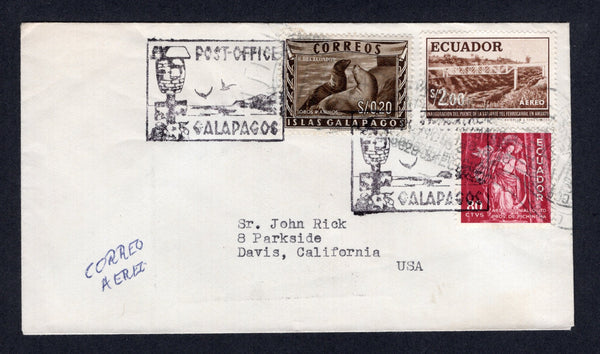 ECUADOR - 1960 - GALAPAGOS ISLANDS: Cover franked with 1957 20c sepia 'Galapagos' issue (SG 1) and 1955 80c crimson and 1960 2s brown 'National' issues (SG 1049a & 1175) tied by two strikes of boxed POST OFFICE GALAPGOS 'Barrel Mail' cancel in black. Sent airmail to USA with large boxed 'COME AND SEE THE  ENCHANTED ISLANDS GALAPAGOS - ECUADOR' Tortoise cachet in black on reverse.  (ECU/29956)