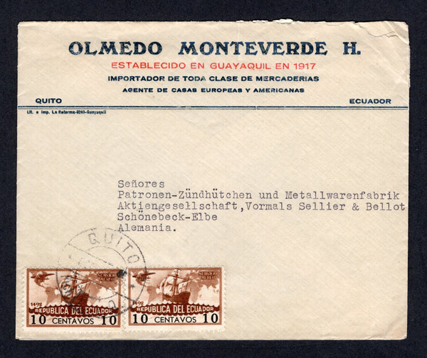 ECUADOR - 1935 - UNISSUED: Commercial cover franked with 2 x 1935 10c brown & black '443rd Anniversary of Discovery of America' COLUMBUS UNISSUED type (Bertossa #381) tied by QUITO cds. Addressed to GERMANY. Uncommon issued used on cover.  (ECU/32086)