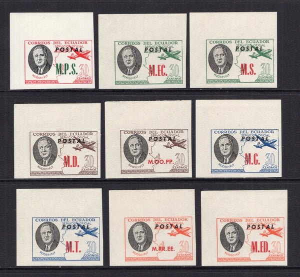 ECUADOR - 1949 - UNISSUED: 'Roosevelt' UNISSUED type, imperf inscribed 'AEREO' with 'POSTAL' overprint in black. The set of nine with the nine different official 'Departmental Letter' overprints fine unmounted mint. (Bertossa #O.222/O.230)  (ECU/32845)