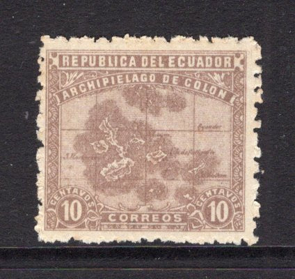 ECUADOR - 1922 - GALAPAGOS ISLANDS & UNISSUED: 10c grey brown PREPARED BUT UNISSUED 'Centenary of the Galapagos' MAP issue inscribed 'Archipielago de Colon'. A fine mint copy. Uncommon. (Bertossa #XXII)  (ECU/3947)