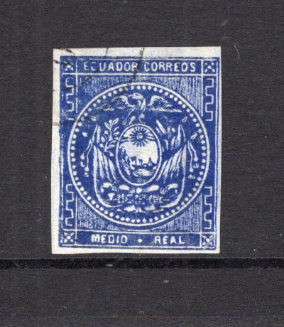 ECUADOR - 1865 - CLASSIC ISSUES: ½r dull violet blue on white wove paper, coarse impression, a superb cds used copy with four margins. (SG 1b)  (ECU/4031)