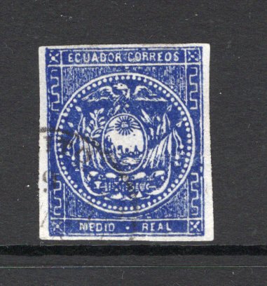 ECUADOR - 1865 - CLASSIC ISSUES: ½r dull violet blue on white wove paper, coarse impression, a superb cds used copy with four margins. (SG 1b)  (ECU/4032)