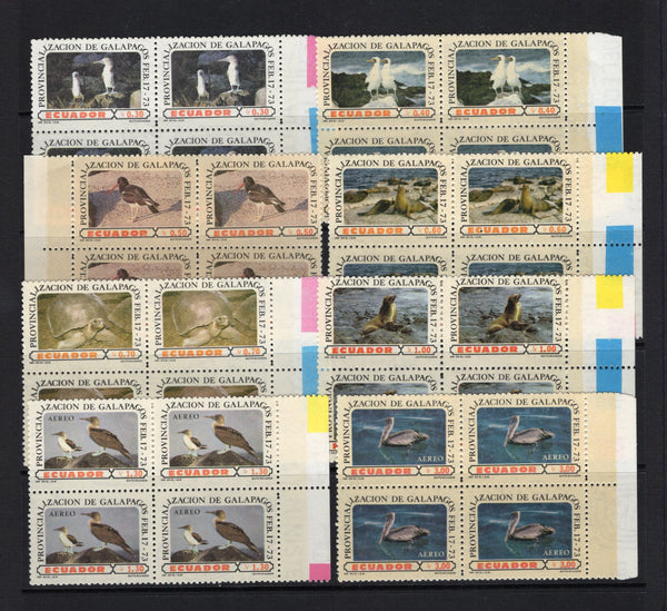 ECUADOR - 1973 - COMMEMORATIVES: 'Formation of the Galapagos Islands Province' BIRDS issue, the set of eight in fine unmounted mint blocks of four. (SG 1524/1531)  (ECU/42074)