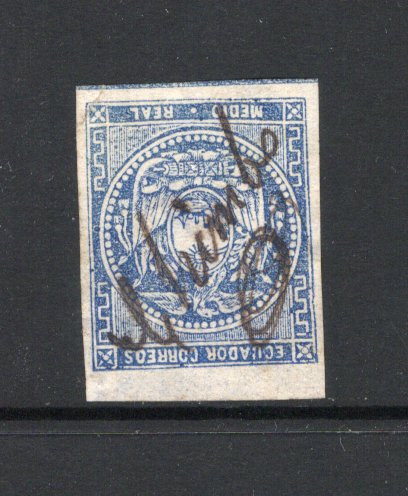 ECUADOR - 1865 - CANCELLATION: 1r blue, fine impression, a superb top marginal copy with large margins all round used with superb CHIMBO manuscript cancel of CHIMBORAZO. Tiny crease across lower left corner but otherwise fine & rare. (SG 1)  (ECU/42456)