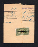 ECUADOR - 1928 - TELEGRAM: Printed 'Telegrafo del Ecuador' telegram form used from ALAUSI to RIOBAMBA with circular 'OFICINA DE TELEGRAFOS RIOBAMBA' cachet in purple inside and 1921 20c olive green 'Timbre Fiscal' REVENUE with '1921 1922' overprint in brown and thick black bar overprinted vertically down the centre used for demonetising remainders (Olamo #260) attached to the outside used as a 'Telegraph Seal' to secure the telegram. Very unusual use of the remainders.  (ECU/43028)