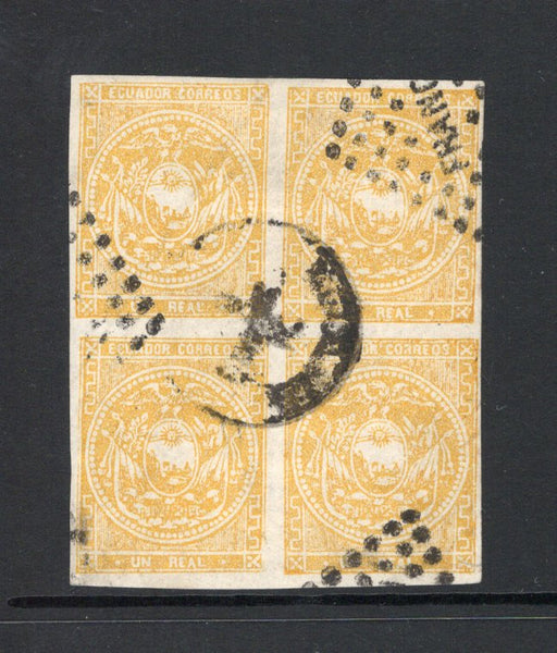 ECUADOR - 1865 - CLASSIC ISSUES & MULTIPLE: 1r yellow ochre on white wove paper, coarse impression, a fine cds used block of four with margins all round. A scarce multiple. (SG 2e)  (ECU43661)