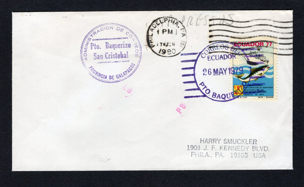 ECUADOR - 1979 - GALAPAGOS ISLANDS: Cover franked with 1979 5s multicoloured (SG 1741) tied by PTO. BAQUERIZO cds dated 26 MAY 1979 with undated PTO. BAQUERIZO SAN CRISTOBAL PROVINCIA DE GALAPAGOS cancel alongside. Addressed to USA with arrival cds on front.  (ECU43836)