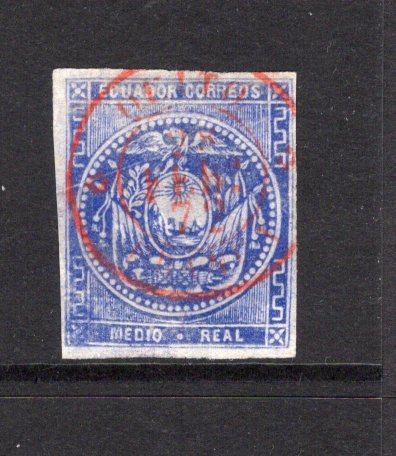ECUADOR - 1865 - CLASSIC ISSUES & CANCELLATION: ½r deep blue on white wove paper, intermediate impression, a four margin copy used with fine complete strike of QUITO cds in red dated 28 FEBR 1872. (SG 1)  (ECU43961)