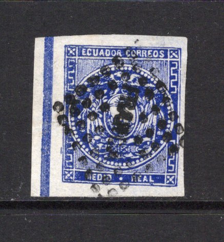 ECUADOR - 1865 - CLASSIC ISSUES: ½r dull violet blue on white wove paper, coarse impression, a superb side marginal copy with sheet margin 'Line' used with complete strike of diamond FRANCA cancel. Four huge margins. (SG 1b)  (ECU43962)