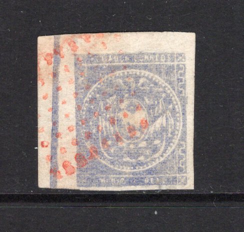 ECUADOR - 1865 - CLASSIC ISSUES: ½r dull ultramarine on white wove paper, coarse impression, a superb corner marginal copy with sheet margin 'Line' used with red dotted diamond cancel. Four huge margins. (SG 1c)  (ECU43963)