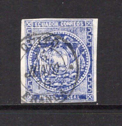 ECUADOR - 1865 - CLASSIC ISSUES & CANCELLATION: ½r deep blue on white wove paper, very coarse impression, a four margin copy used with fine complete strike of QUITO FRANCA cds in black dated 15 JUNIO 1870. (SG 1b)  (ECU43964)