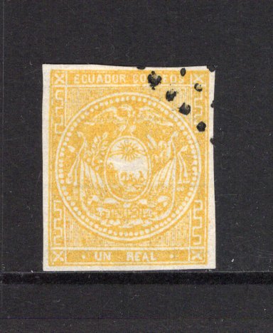 ECUADOR - 1865 - CLASSIC ISSUES: 1r yellow ochre on white quadrille paper. A fine four margin copy lightly used with part dotted diamond cancel in black. (SG 9)  (ECU43965)