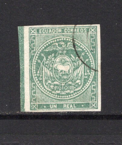 ECUADOR - 1865 - CLASSIC ISSUES: 1r green on white wove paper, a fine side marginal copy with sheet margin 'Line' used with light cds cancel. Four margins. (SG 3)  (ECU43966)
