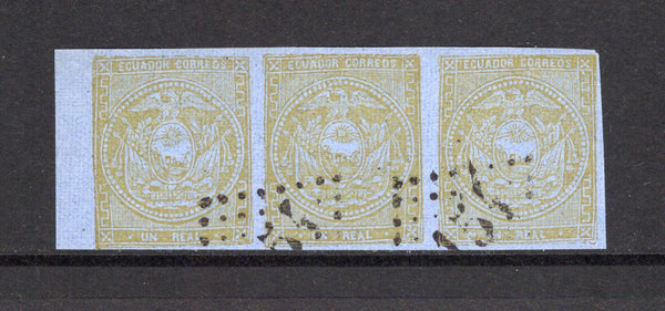 ECUADOR - 1872 - FORGERY: 1r dull yellow on blue paper 'Fourner' FORGERY strip of three 'used' with two part strikes of fake '3154' Dotted Diamond (French type) numeral cancel in black. (As SG 7)  (ECU43971)