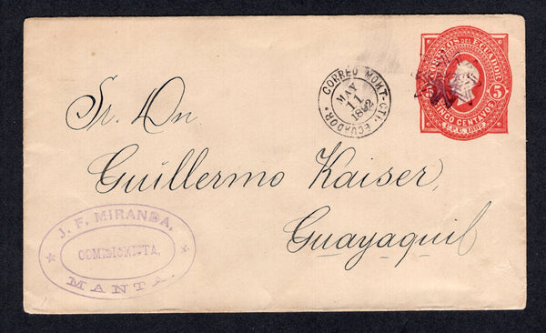 ECUADOR - 1892 - CANCELLATION: 5c carmine postal stationery envelope (H&G B5) used with 'J.F.Miranda Comisionista MANTA' firms cachet in corner and stamp imprint cancelled by purple 'PI' STARBURST cancel in purple with CORREO MONT-CTI ECUADOR cds in black alongside. Addressed to GUAYAQUIL.  (ECU/8725)