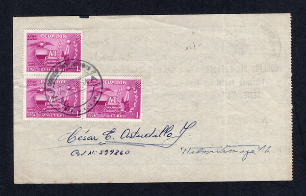 ECUADOR - 1957 - PARCEL POST FORM & CANCELLATION: Parcel post form franked on reverse with 3 x 1956 1s bright purple (SG 1078) tied by undated CORREOS DEL ECUADOR ZARUMA PROV. DE EL ORO cancels. Addressed to AMBATO.  (ECU/8748)