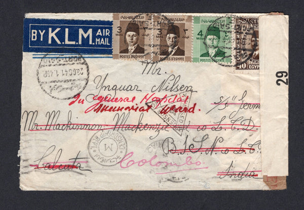 EGYPT - 1941 - DESTINATION: Cover franked with 1927 40m sepia and 1937 pair 3m sepia and 4m green (SG 165 & 250/251) tied by PORT SAID cds's with nice blue & white 'By K.L.M. AIR MAIL' label alongside. Addressed to INDIA and readdressed to COLOMBO, CEYLON with many different transit & arrival marks. Censored in Egypt and on route to India.  (EGY/18758)