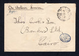 EGYPT - 1941 - MILITARY MAIL & THOMAS COOK: Stampless 'On Active Service' cover with EGYPT POSTAGE PREPAID '40' cds of A.P.O. S.240 with square PASSED BY UNIT CENSOR 676 cachet in purple and small oval CHIEF FIELD CENSOR mark in blue, both on front. Addressed to THOMAS COOK with COOK (CAIRO) arrival cds on reverse.  (EGY18775)