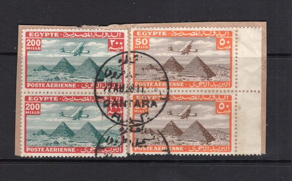 EGYPT - 1938 - CANCELLATION & SINAI: 50m sepia & orange pair and 200m green & dull red pair on piece tied by fine central strike of QANTARA cds Sinai Peninsular. (SG 207 & 213)  (EGY/3955)