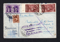 EGYPT - 1937 - CRASH MAIL: Printed 'Metropolitan Hotel Cairo' cover affected by water franked with 1936 5m deep brown, 1937 pair 10m bright violet & 1937 2 x 5m red brown (SG 236, 254 & 259) tied by CAIRO cds's dated 1 DEC 1937. Addressed to FRANCE with four line 'SERVICE POSTAL FRANCAISE Correspondence retardee par accident d'Avion Priere de ne pas taxer' cachet in purple on front & French official seals on reverse. This cover is from the crash of the Flying Boat 'Cygnus' which overturned and sank while a