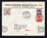 EGYPT - 1941 - CINDERELLA: Cover franked with 1937 2m vermilion and 15m brown purple 'King Farouk' issue (SG 249 & 256) tied by ALEXANDRIA cds dated 5 SE 1941 with fine red, blue & orange BRITISH COMMUNITY WAR FUND 'Lion' CINDERELLA label on front. Addressed to UK with censor marks on front & reverse. Backflap missing.  (EGY/43282)