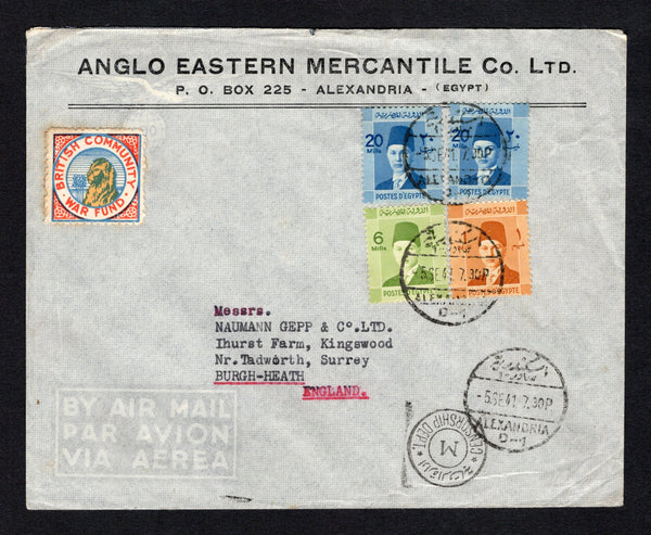 EGYPT - 1941 - CINDERELLA: Cover franked with 1937 1m orange, 6m yellow green and 2 x 20m pale blue 'King Farouk' issue (SG 248, 253 & 257) tied by ALEXANDRIA cds's dated 5 SE 1941 with fine red, blue & orange BRITISH COMMUNITY WAR FUND 'Lion' CINDERELLA label on front. Addressed to UK with censor marks on front & reverse.  (EGY/43283)