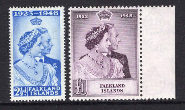 FALKLAND ISLANDS - 1948 - SILVER WEDDING ISSUE: 'Silver Wedding' issue the pair fine mint, the £1 is an unmounted side marginal copy. (SG 166/167)  (FAL/12101)