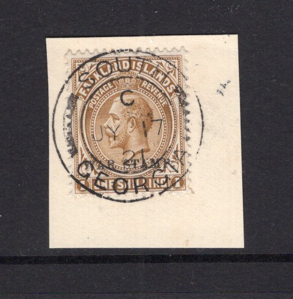 FALKLAND ISLANDS DEPENDENCIES - 1918 - CANCELLATION: 1/- light bistre brown GV 'WAR STAMP' overprint issue tied on small piece by fine SOUTH GEORGIA cds dated JY 17 1921. Very fine. (SG Z34)  (FAL/28879)