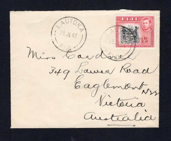 FIJI - 1947 - CANCELLATION: Cover franked with single 1938 1/5 black & carmine GVI issue (SG 263) tied by two fine strikes of LAUTOKA cds dated 23 JE 1947. Addressed to AUSTRALIA.  (FIJ43654)