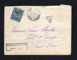 FRENCH COLONIES - REUNION - 1918 - POSTAGE DUE: Internal cover franked on reverse with single 1907 5c red & green (SG 63) tied by REUNION HELL-BOURG cds dated 8 MARS 1918 with additional strike on front. Addressed to SAINT DENIS and taxed on arrival with small 'T' in triangle and boxed 'AFFRANCHISSEMENT INSUFFICANT' marking on front with added 1907 10c blue on blue 'Postage Due' issue (SG D 77) cancelled by light part strike of ST DENIS arrival cds dated the same day. A scarce cover.  (FRA45291)