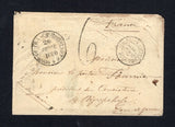 FRENCH COLONIES - MARTINIQUE - 1860 - PRESTAMP: Stampless cover with full letter enclosed datelined 'Brig L'Olivier, rade de Fort de France 22 Sbre 1860' (the letter was written onboard on the ship 'L'Olivier' in Fort de France harbour) and endorsed 'Voie Anglaise' on front with FORT-DE-FRANCE MARTINIQUE cds in black dated 26 SEPTRE 1860. Addressed to FRANCE rated '6' in manuscript on front with COL. FR. 1 ANGL. AMB. CALAIS  transit cds on front and various other transit & arrival cds's on reverse. A small