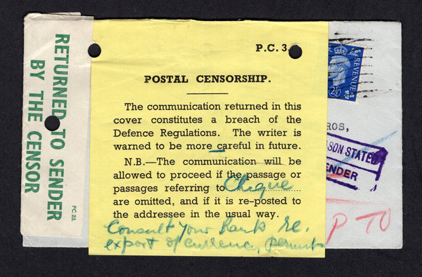 GREAT BRITAIN - 1939 - CENSORED MAIL: Cover franked with 1937 2½d ultramarine GVI issue (SG 466) tied by LONDON machine cancel dated 2 SEP 1939. Addressed to PORTUGAL with boxed 'RETURN TO SENDER' marking in purple and printed green on white 'RETURNED TO SENDER BY THE CENSOR FOR REASON EXPLAINED IN MEMORANDUM ENCLOSED IN THIS COVER' censor strip at left and black on yellow 'P.C.3.' label attached on front with printed message 'Postal Censorship. The communication returned in this cover constitutes a breach