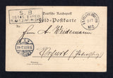 GERMAN COLONIES - P.O.S IN CHINA - 1901 - BOXER REBELLION: Stampless printed 'Feld-postkarte' soldiers postcard datelined 'Wau-Schau-se 7/7.01' with boxed 'S. B. OSTAS. EXPED. II BAT. 2 INF. - REGMTS' on front with fine strike of 'K. D. FELD-POSTSTATION No.2' cds dated 8/7 1901 located at PEKING. Addressed to GERMANY with arrival cds on front.  (GER33279)