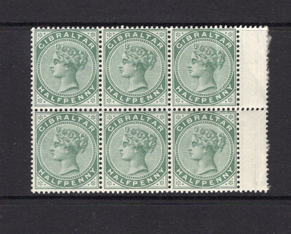 GIBRALTAR - 1886 - MULTIPLE: ½d dull green QV issue, a fine unmounted mint side marginal block of six. Vertical crease through two stamps. (SG 8)  (GIB/12435)