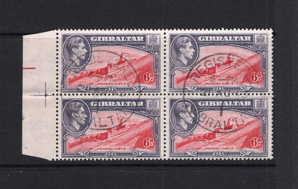 GIBRALTAR - 1938 - MULTIPLE: 6d carmine & grey violet GVI issue perf 13, a fine used side marginal block of four with large REGISTERED GIBRALTAR 1 cds's dated 21 AUG 1948. (SG 126b)  (GIB/12444)