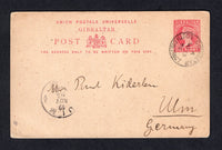 GIBRALTAR - 1893 - CANCELLATION: 1d rose on buff QV postal stationery card (H&G 4) used with fine strike of GIBRALTAR SOUTH DISTRICT cds of Scud Hill postal agency dated NOV 13 1893. Addressed to GERMANY with arrival cds on front. No message.  (GIB/19816)