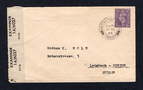 GIBRALTAR - 1944 - CENSORED MAIL: Cover from MOROCCO AGENCIES franked with Great Britain 1941 3d pale violet GVI issue (SG Z202) tied by TANGIER cds. Addressed to UK, censored in transit in GIBRALTAR with 'OPENED BY EXAMINER 1A/6027' censor strip at left and GIBRALTAR transit mark on reverse. Very Scarce..  (GIB/21494)