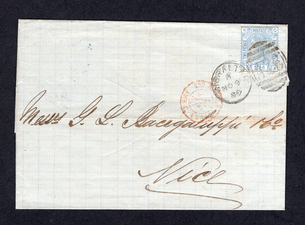 GIBRALTAR - 1880 - GREAT BRITAIN USED IN GIBRALTAR: Cover franked with Great Britain 1880 2½d blue QV issue, plate 19 (SG Z27) tied by GIBRALTAR 'A26' barred numeral duplex cancel dated NOV 9 1880. Addressed to FRANCE with arrival cds's on front & reverse.  (GIB/24117)