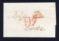 GIBRALTAR - 1844 - FORERUNNER & SPANISH MAIL AGENT IN GIBRALTAR: Cover with three line 'GIB S.ROQUE ANDA BAXA' marking in red used on mail sent via the Spanish postal agent on Gibraltar. Addressed to CADIZ, SPAIN rated '9' twice in red with SAN ROQUE transit cds on reverse.  (GIB/27425)