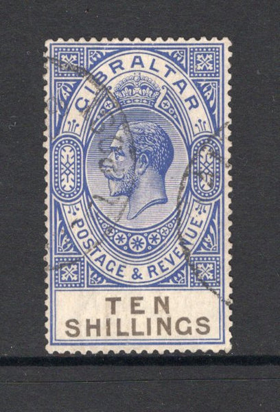 GIBRALTAR - 1925 - GV ISSUE: 10/- deep ultramarine & black GV issue, a superb cds used copy. (SG 106)  (GIB/41740)