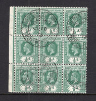 GILBERT & ELLICE ISLANDS - 1912 - MULTIPLE: ½d green GV issue, a fine side marginal block of nine used with multiple strikes of OCEAN ISLAND cds dated JUN 10 1912. (SG 12)  (GIL/41938)