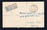 GOLD COAST - 1938 - CANCELLATION & REGISTRATION: Registered cover franked on reverse with 4 x 1938 1d red brown GVI issue (SG 121) tied by multiple strikes of AGONA ASHANTI cds with blue & white printed 'Agona-Ashanti' registration label on front with further fine strike of the cds. Addressed to UK with oval REGISTERED KUMASI transit mark on reverse.  (GLD19858)
